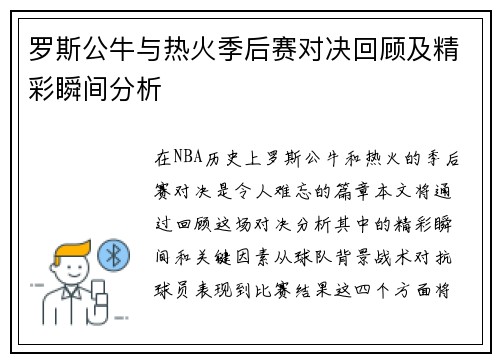 罗斯公牛与热火季后赛对决回顾及精彩瞬间分析